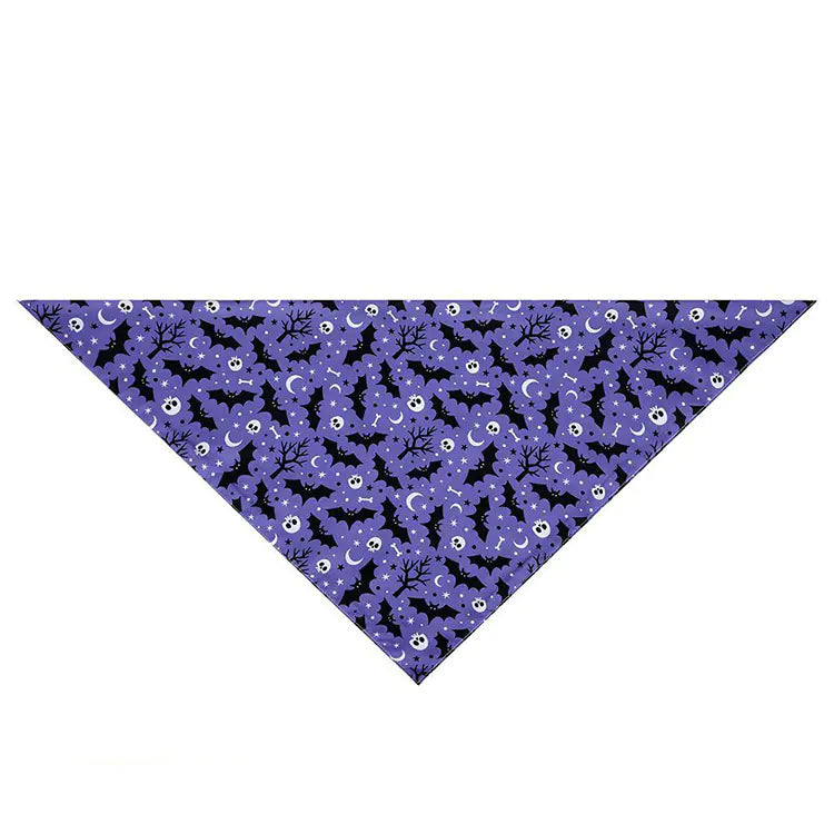 Halloween-themed bandana with black bats, ghosts, and trees on a purple background