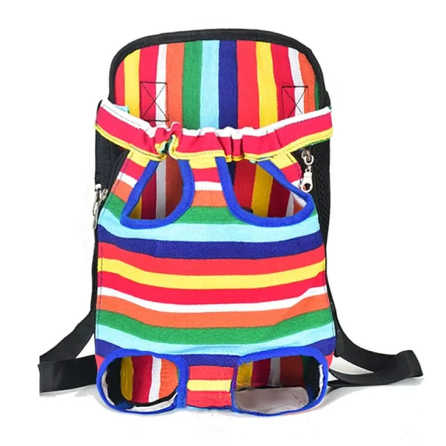A rainbow striped breathable pet travel backpack.