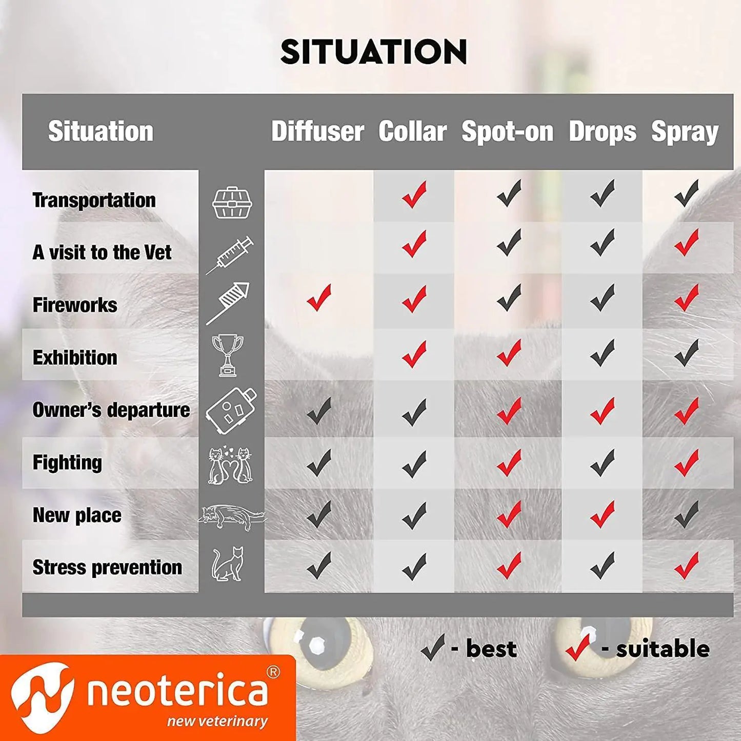 Chart comparing different situations and treatment methods for a pet, with Neoterica branding.