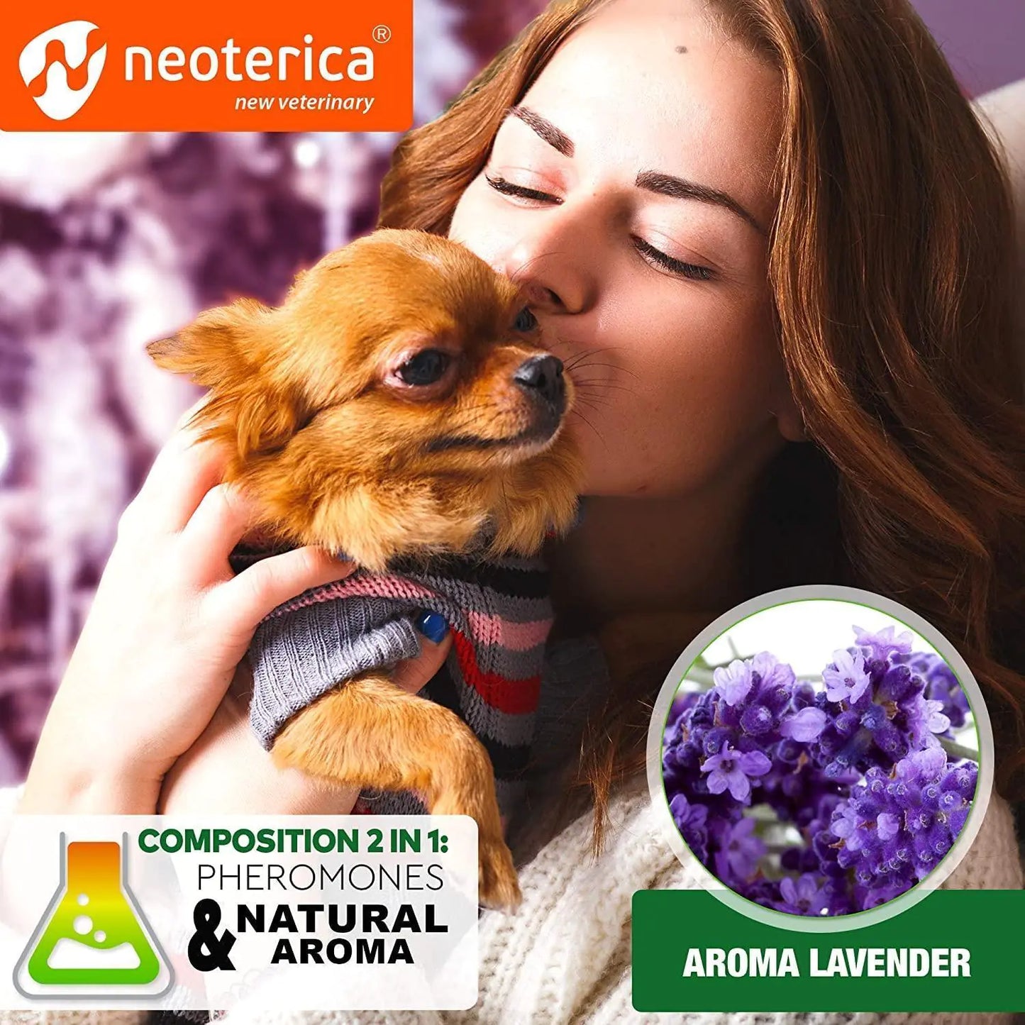 Woman kissing a small dog wearing a lavender-scented product, with Neoterica branding.