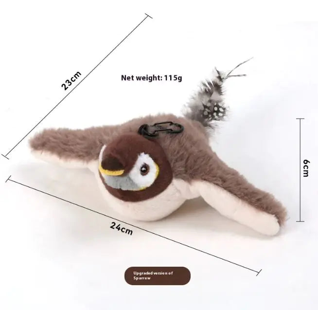 Plush toy sparrow with measurements and weight on a white background
