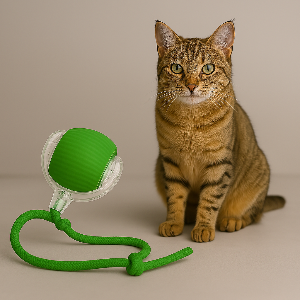 Cat sitting next to a green pet toy on a neutral background