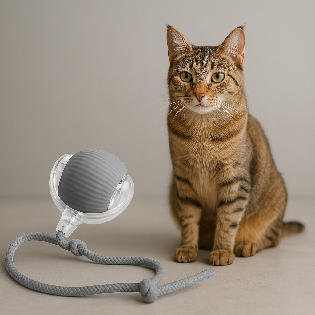 Cat sitting next to a gray pet toy on a neutral background