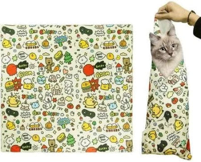 Cat grooming wrap with cartoon pattern and a cat peeking out