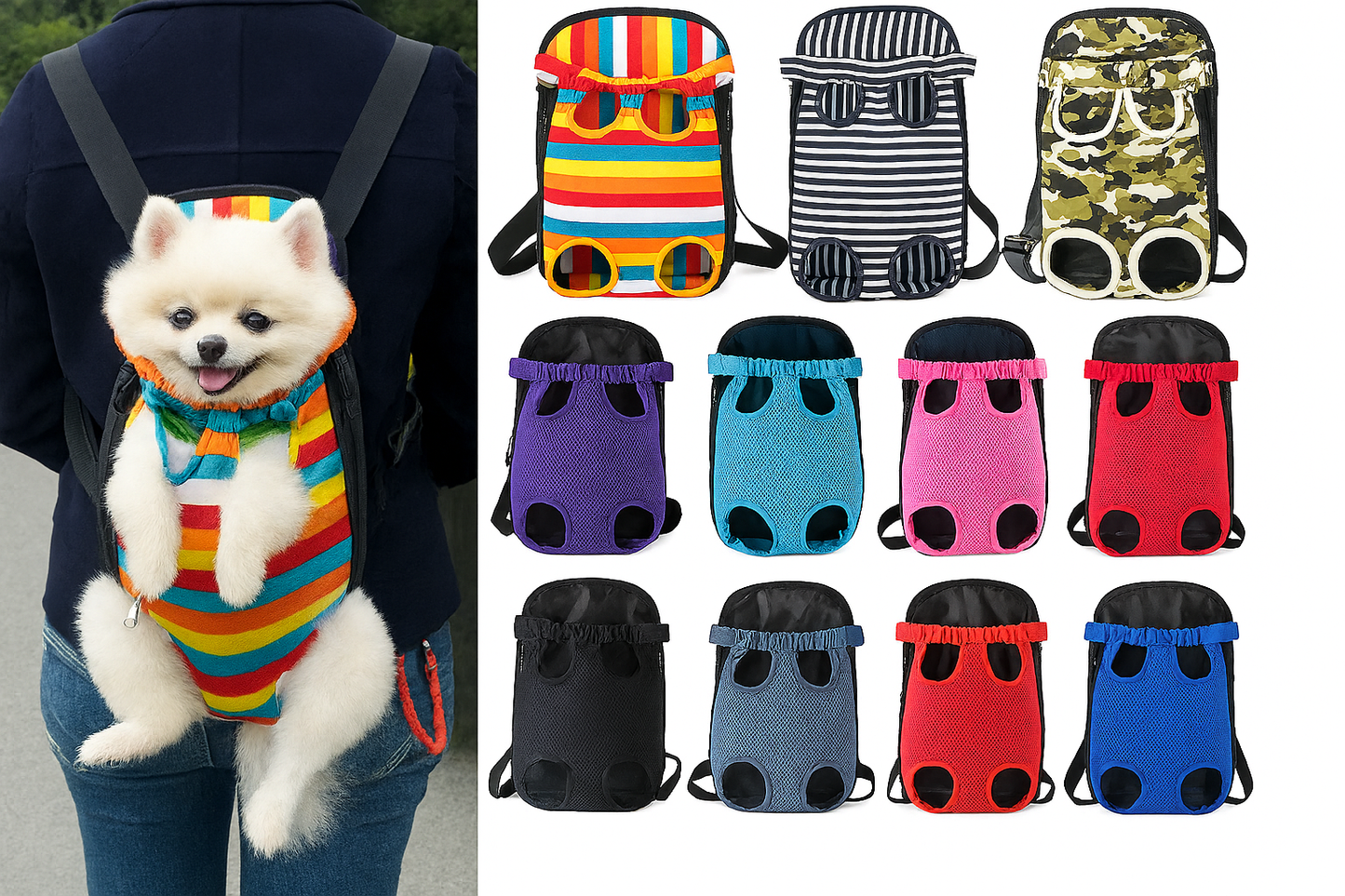 Pet carrier with a dog inside, surrounded by various colorful pet carriers.