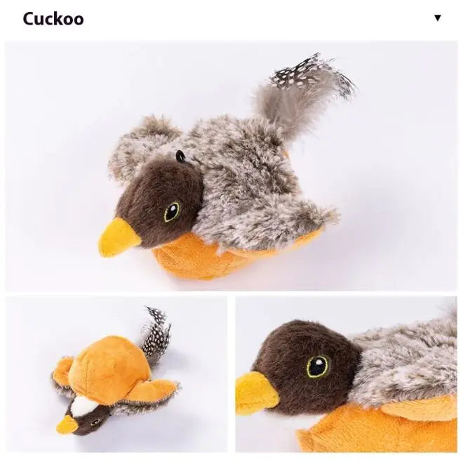 Plush toy resembling a bird with gray, brown, and orange colors on a white background.
