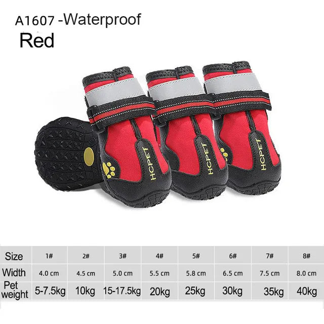 Four black pet dog shoes with non-slip soles and adjustable straps, displayed against a white background with size indicators.