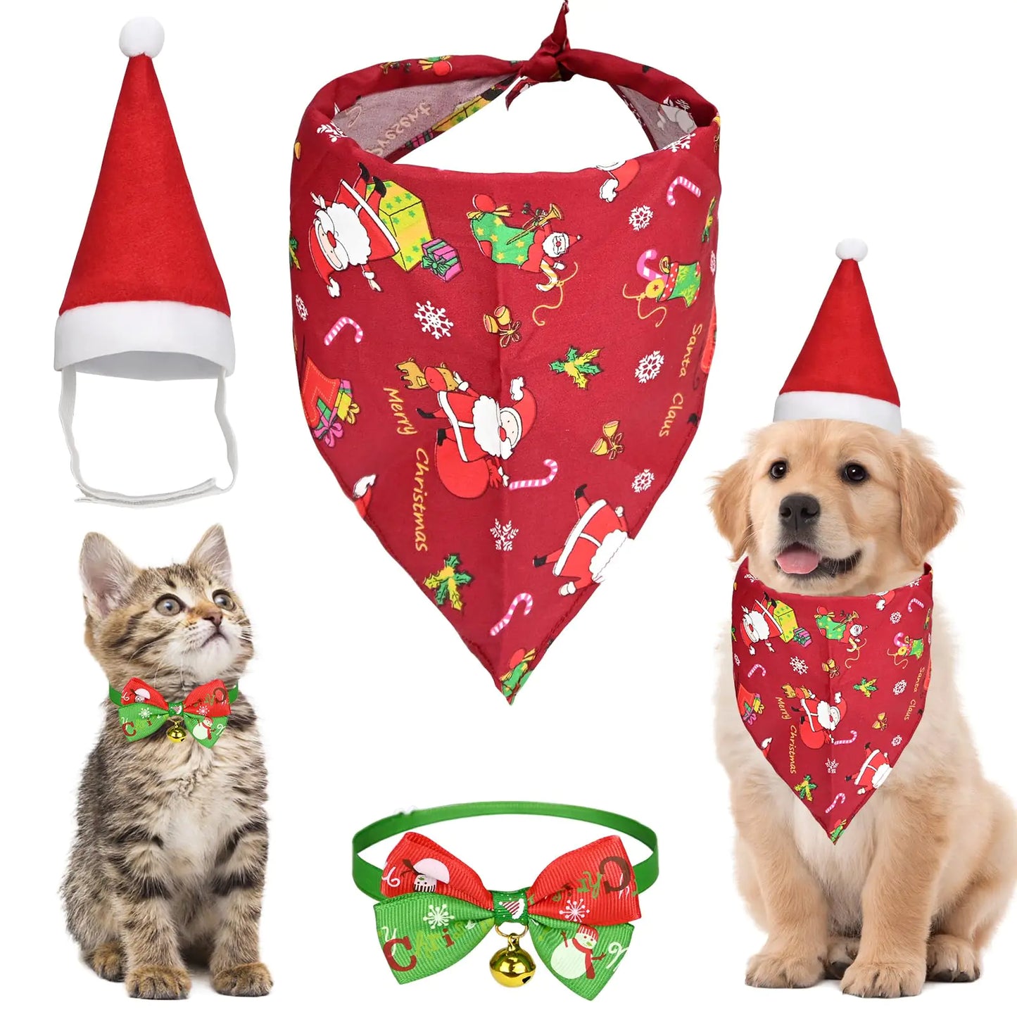 Red Christmas-themed pet bandana, hat, and collar on a white background with a cat and dog wearing them.