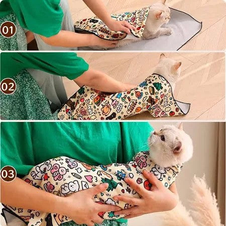 Step-by-step process of wrapping a cat in a grooming wrap.
