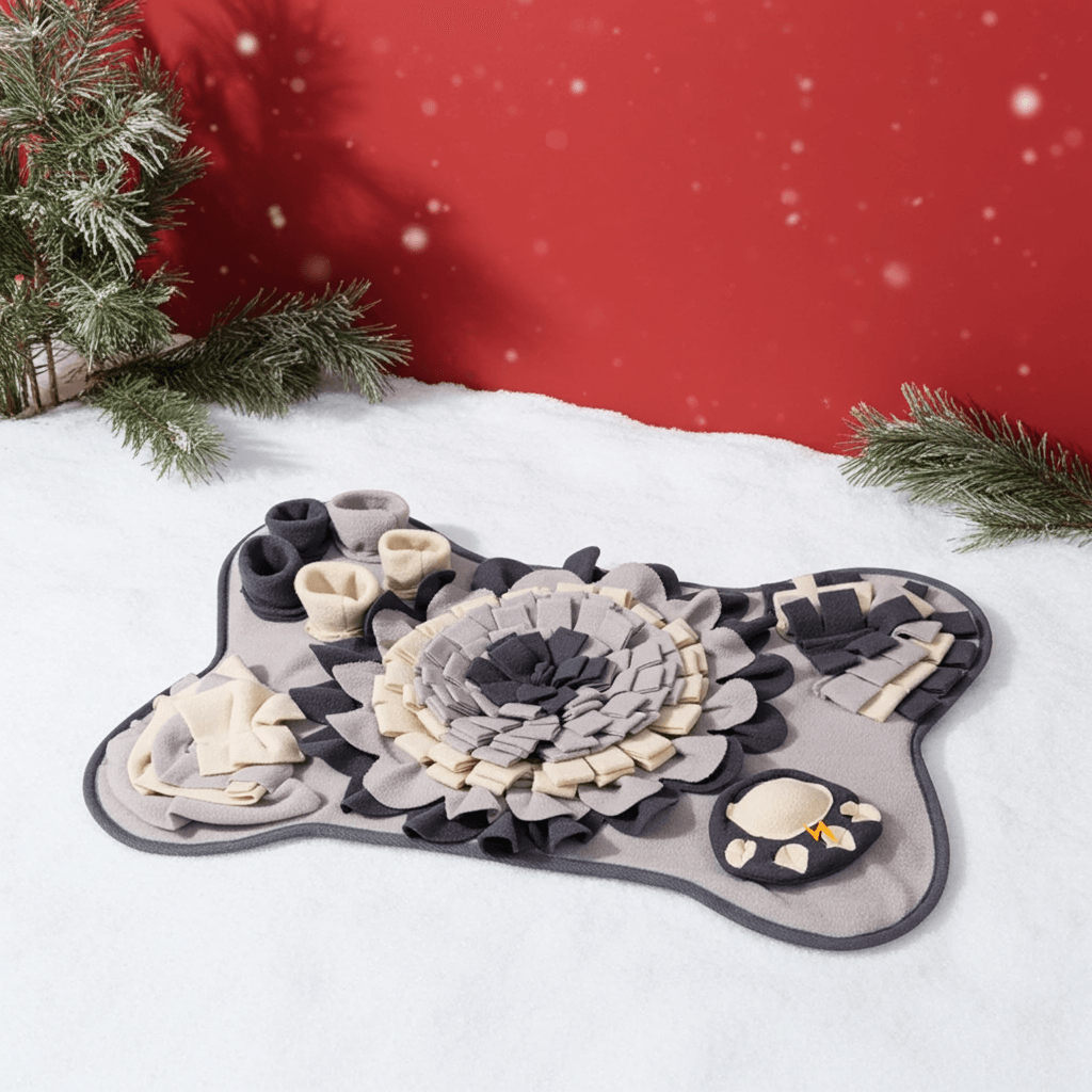 The Interactive Puppy Play Mat by ModPets showcased in a winter landscape, featuring its delightful foraging spots and soft materials that create an engaging and luxurious playtime for dogs, set against a festive holiday backdrop.