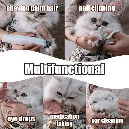 Collage of a cat being groomed with various grooming tools and activities.
