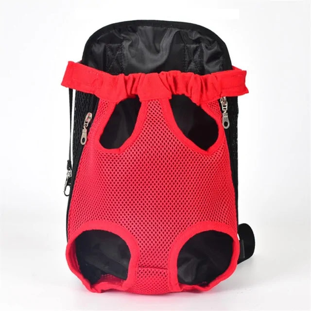 A red breathable pet travel backpack.