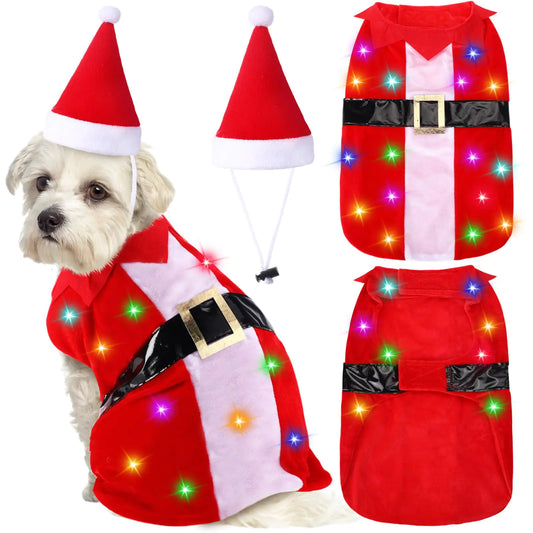 Dog wearing red velvet Christmas costume with glowing string lights and matching festive hat