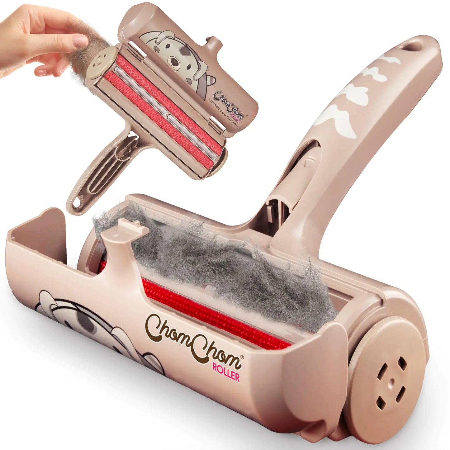 Pet hair removal roller with a clear container showing collected fur, on a white background.