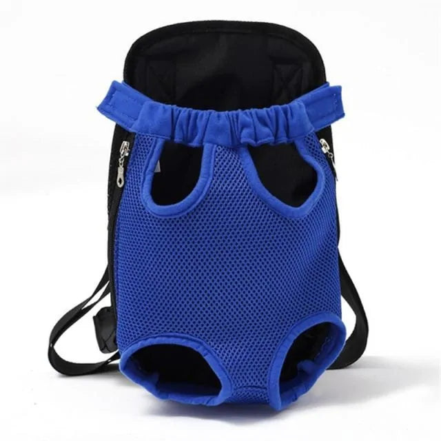A blue breathable pet travel backpack.