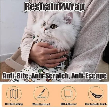 Person holding a white cat wrapped in a restraint wrap with text 'Anti-Bite, Anti-Scratch, Anti-Escape' and icons below.