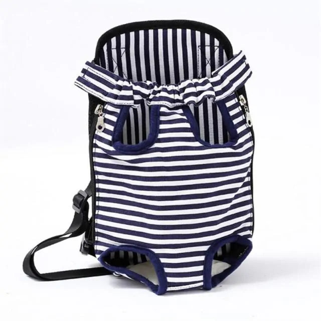 A navy and white striped breathable pet travel backpack.