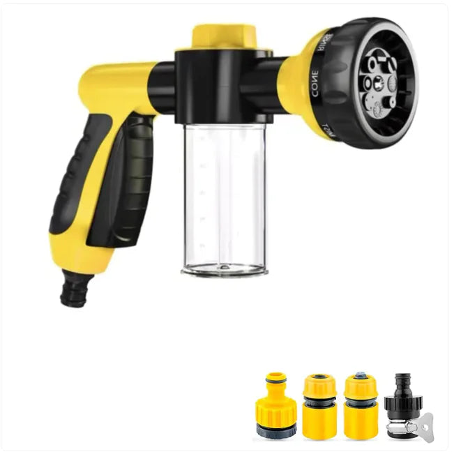 Yellow and black spray gun with multiple nozzles on a white background
