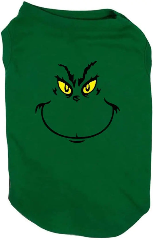 Green pet shirt with a Grinch face design on a white background