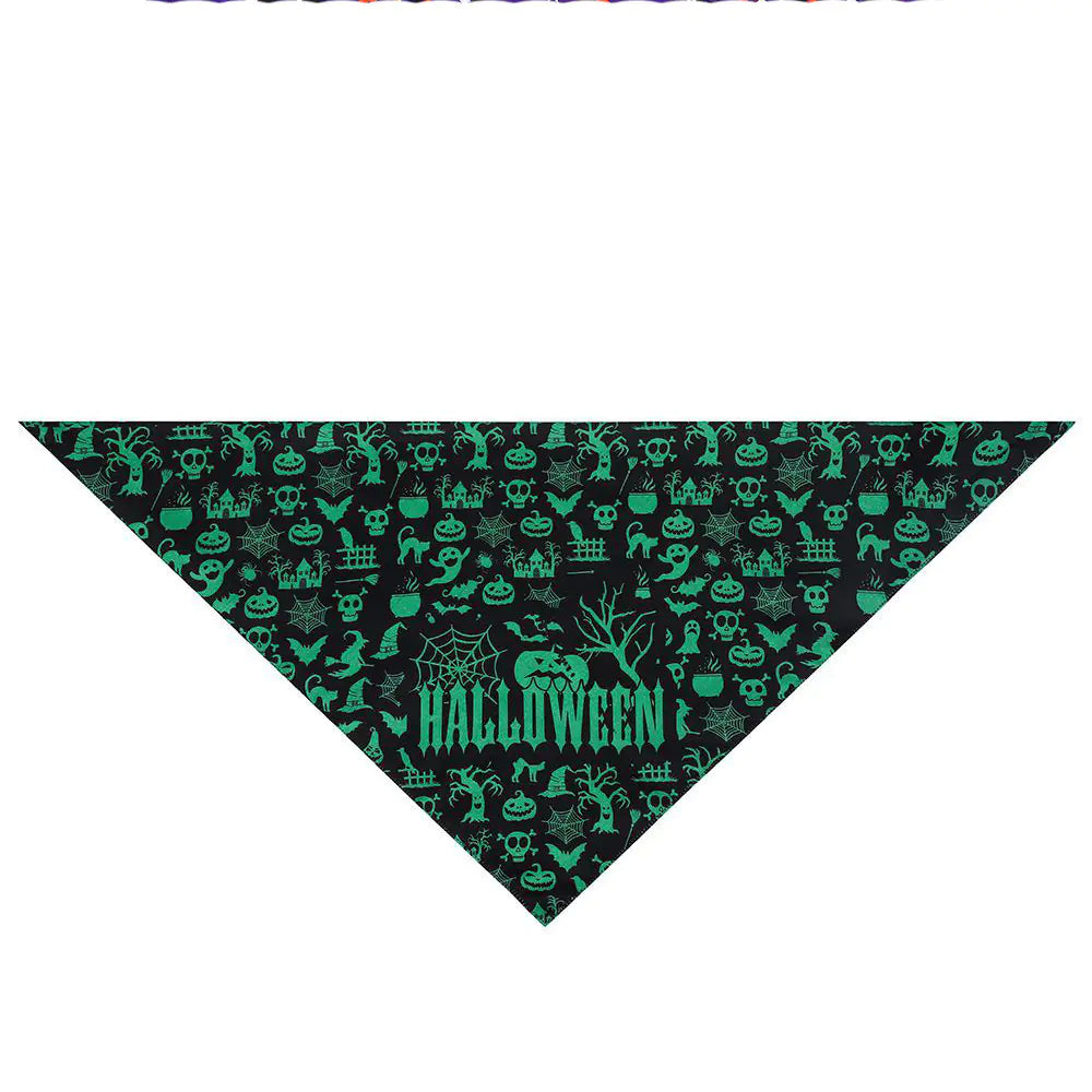 Halloween-themed bandana with green patterns on a black background