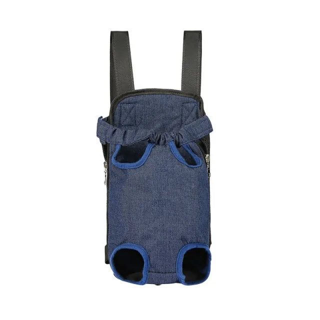 A denim breathable pet travel backpack.