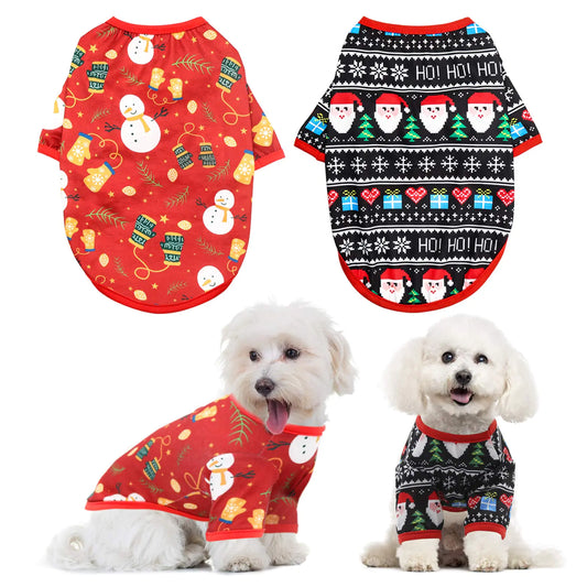 Two Christmas-themed dog sweaters with dogs wearing them on a white background