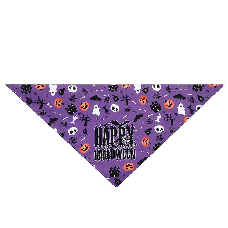 Halloween-themed purple bandana with ghost, bat, and pumpkin designs on a white background.