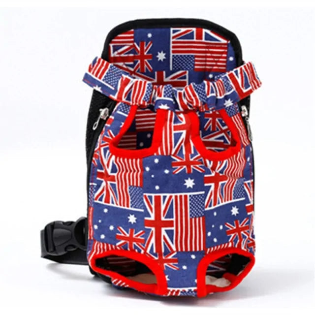 A breathable pet travel backpack featuring a pattern with Australian and American flags.