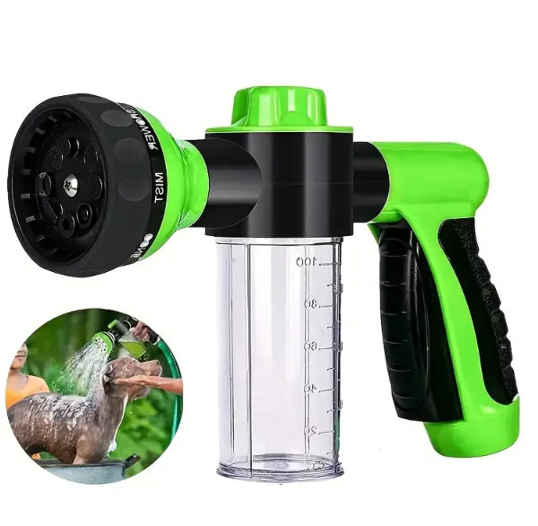 Green and black garden hose sprayer with inset showing use on a dog.