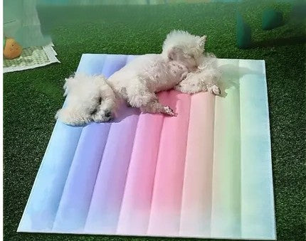 Two small dogs lying on a colorful pet ice mat on a grassy surface.