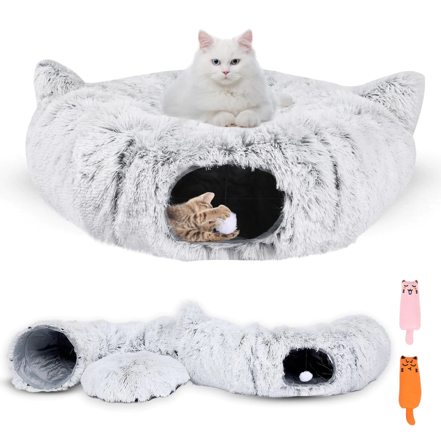 Fluffy cat bed with two cats inside on a white background