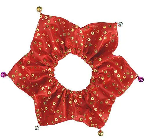 Red pet collar with gold polka dots and purple beads on a white background