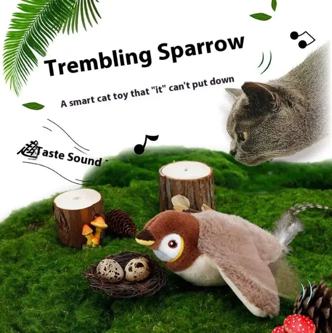 Cat toy resembling a trembling sparrow with a cat interacting with it on a grassy background.