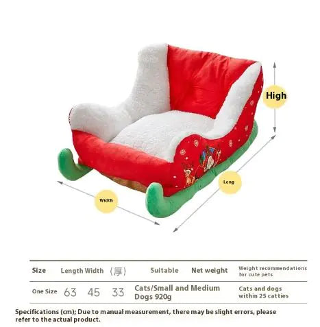 Holiday-themed Cozy Christmas Sleigh Pet Bed, perfect for pets to curl up and enjoy the season. The ideal christmas pet bed for a snug winter getaway.