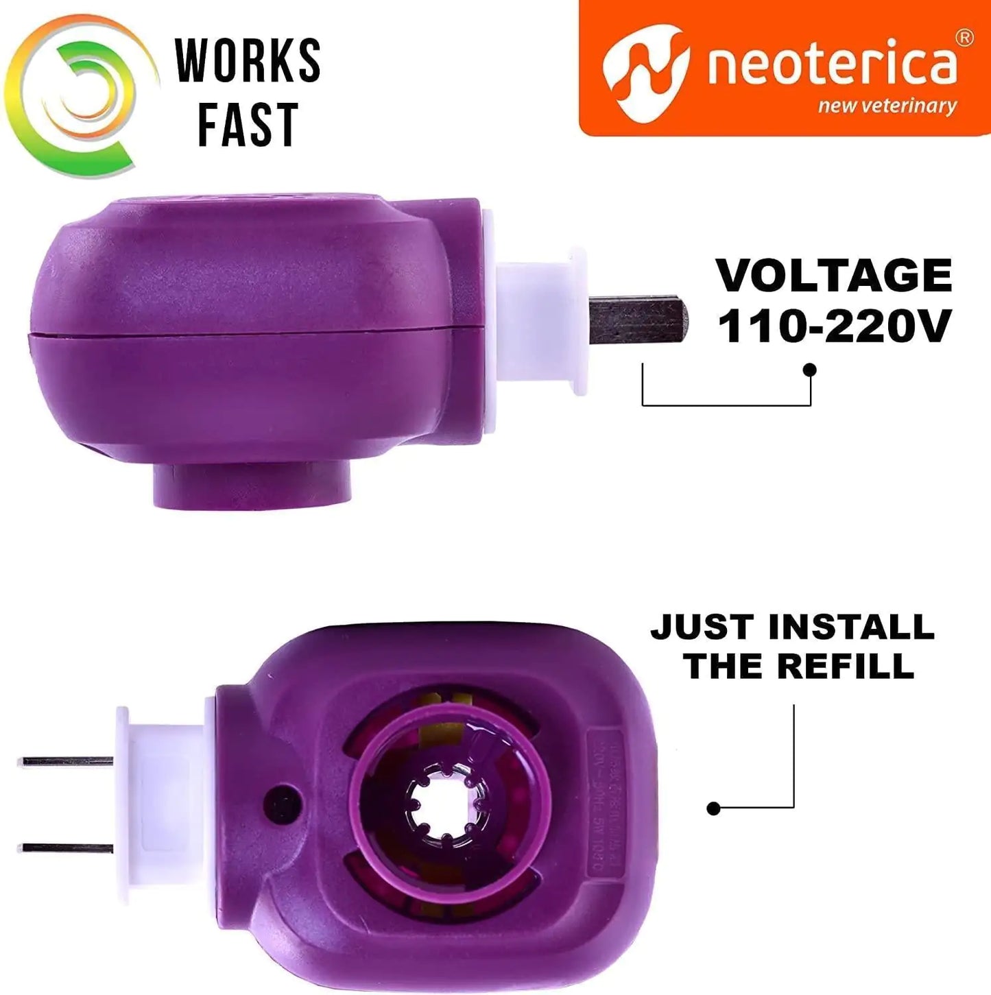 Purple electronic device with text indicating voltage and refill instructions, branded with Neoterica.