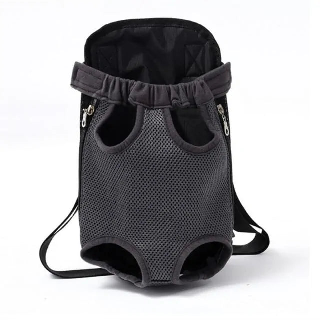 A grey breathable pet travel backpack.