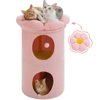 FloraCat Twin-Level Indoor Cat Condo 20X20X28.7 in Pink, a luxury indoor cat condo featuring two cozy caves and a spacious flower perch for lounging.