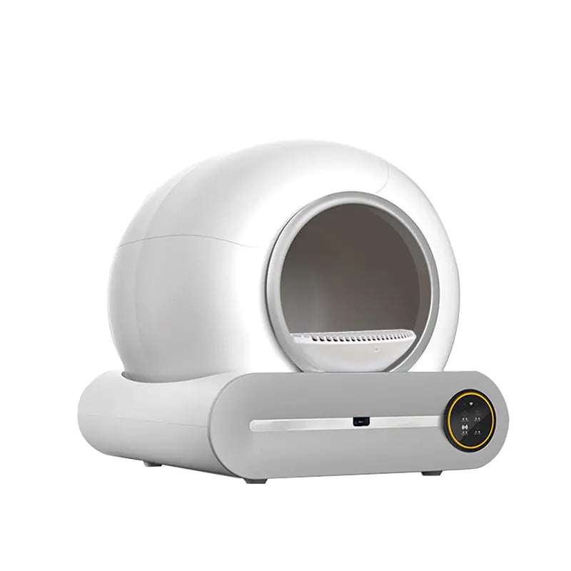 White automatic litter box with a transparent dome on a white background