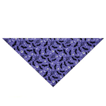 Halloween-themed bandana with black bats, ghosts, and trees on a purple background