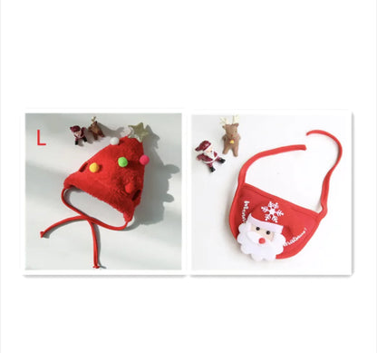 Red Christmas-themed pet hat and a Santa face pet bib on a white background.
