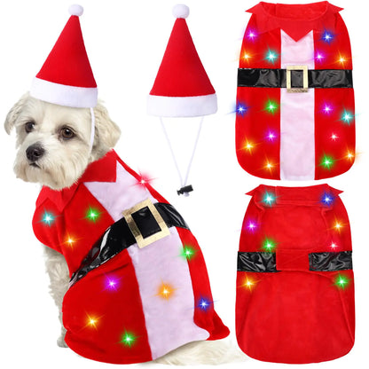 Dog wearing red velvet Christmas costume with glowing string lights and matching festive hat