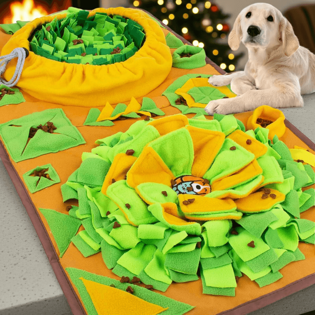 AWOOF Snuffle Feeding Mat for Large Dogs in vibrant green and yellow, featuring multiple textured areas for interactive foraging, designed to promote mental stimulation and slow fast eating. Non-slip base ensures stability during use.