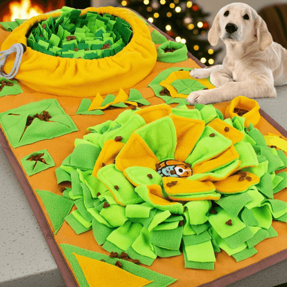 AWOOF Snuffle Feeding Mat for Large Dogs in vibrant green and yellow, featuring multiple textured areas for interactive foraging, designed to promote mental stimulation and slow fast eating. Non-slip base ensures stability during use.