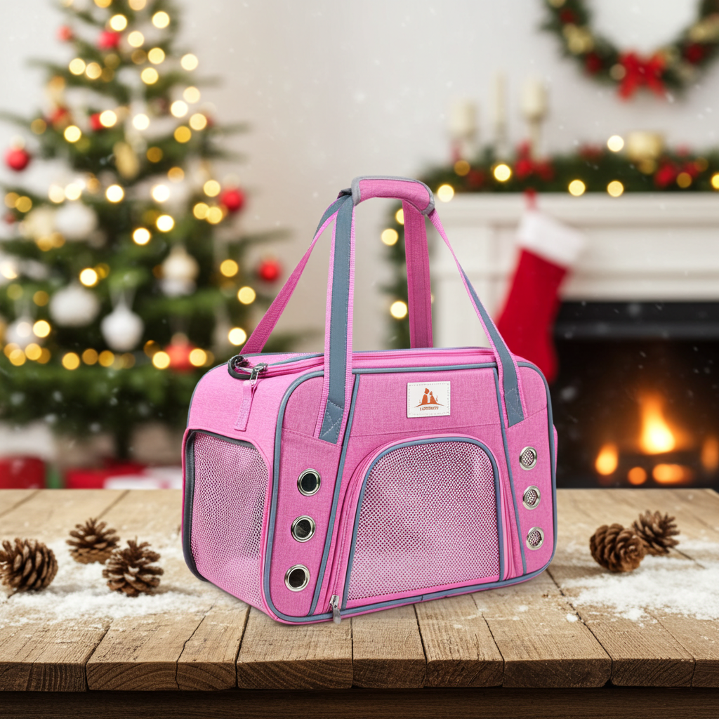 Pink pet carrier on a wooden table with Christmas decorations in the background