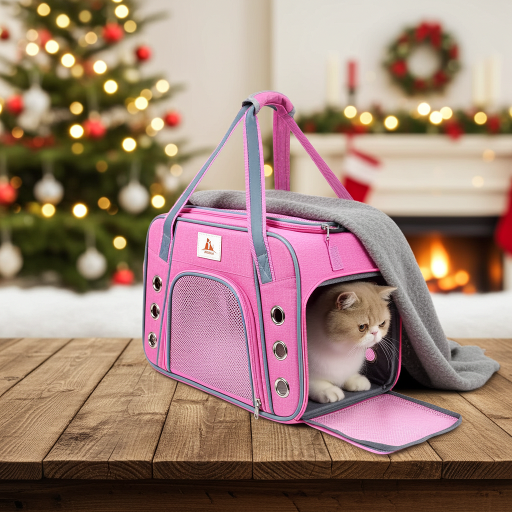 Pink pet carrier with a cat peeking out, Christmas tree and decorations in the background