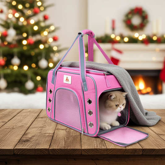 Pink pet carrier with a cat peeking out, Christmas tree and decorations in the background