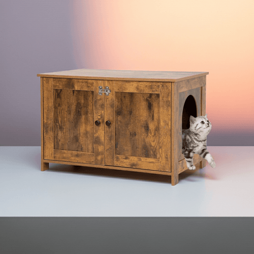 Wooden cat litter box enclosure with a cat peeking out from a hidden area on a white background