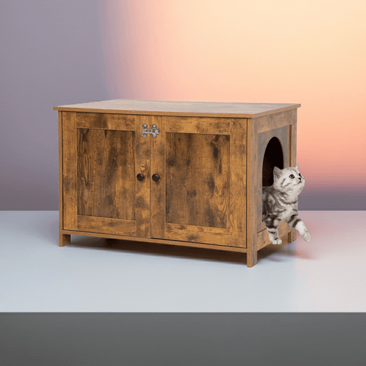 Wooden cat litter box enclosure with a cat peeking out from a hidden area on a white background