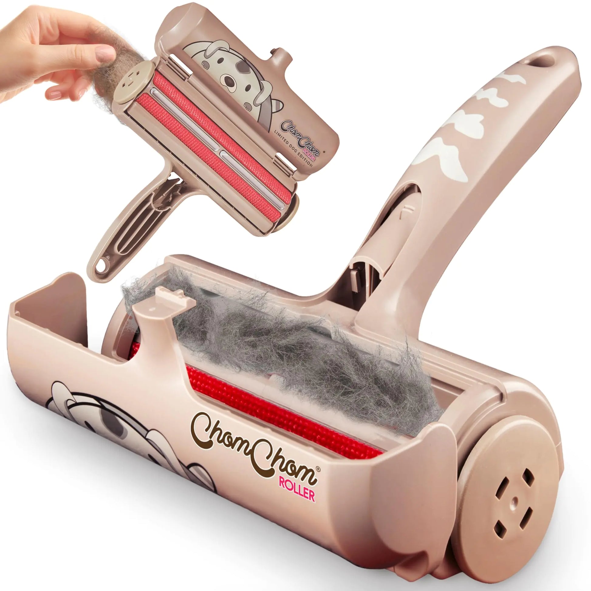 Pet hair removal roller with a clear container showing collected fur, on a white background.