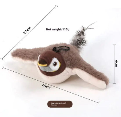 Plush toy sparrow with measurements and weight on a white background